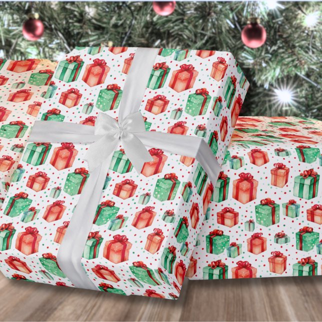 Papel De Presente Clássico Natal de Vermelho Verde Feriado (Classic Red Green Holiday Presents Christmas Wrapping Paper)