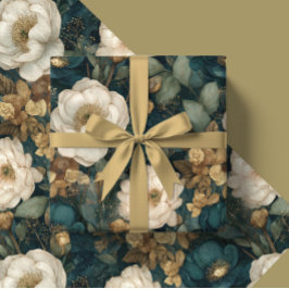 Papel De Presente Clássico Natal Inverno Verde e Floral Branco