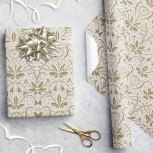Papel De Presente Clássico Padrão Floral Bege Dourado Vintage Elegan