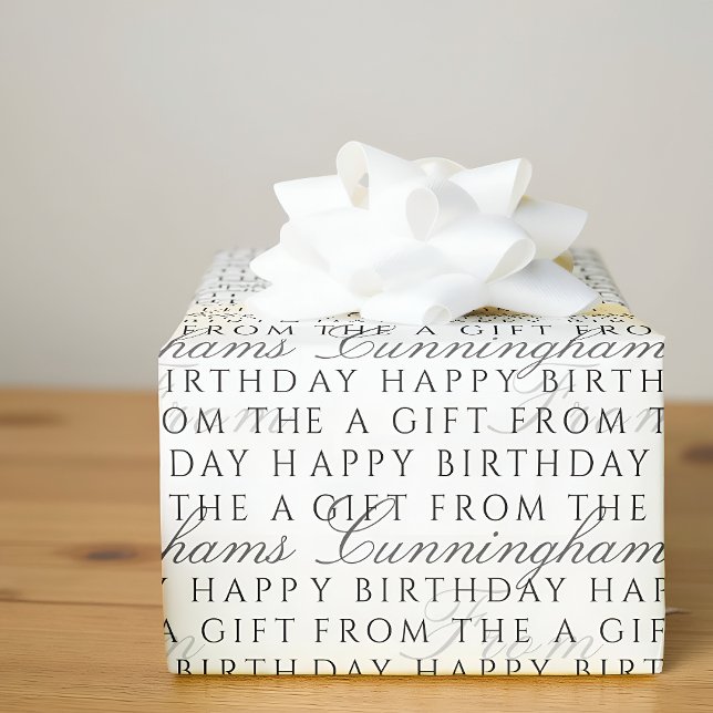 Papel De Presente Clássico Simples Feliz Aniversário Nome da Família (Criador carregado)