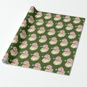 Papel De Presente Clássico Vintage Papai Noel Winking em Verde BG