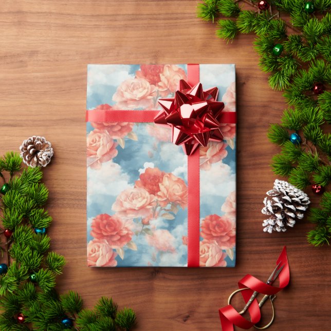 Papel De Presente Clássicos - Rosas Rosa e Vermelhas Angelicais em n (Presente de Natal)
