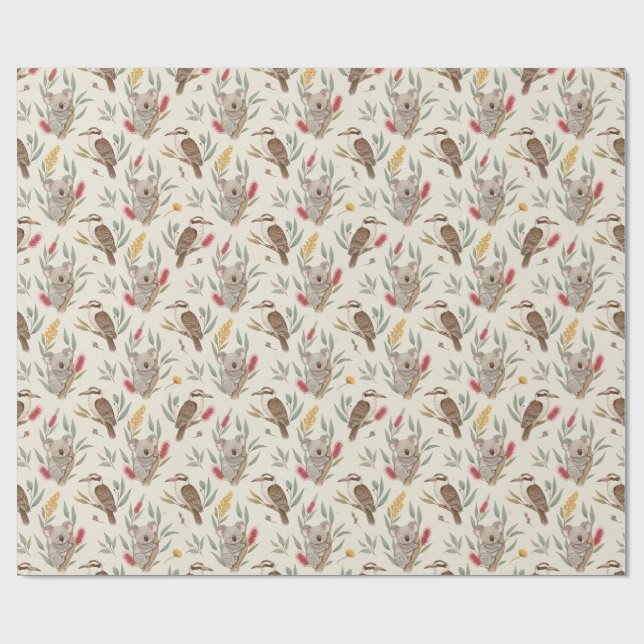 Papel De Presente Coalas australianos, cucaburus e flora nativa (Aberto)