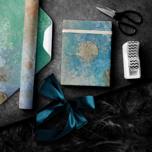 Papel De Presente Coastal Grunge   Azul e Verde Dourado
