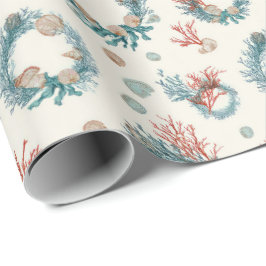 Papel De Presente Coastal Marine Vintage Christmas Wreath Pattern