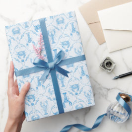 Papel De Presente Coastal Preppy Lobster and Crabs in Light Blue