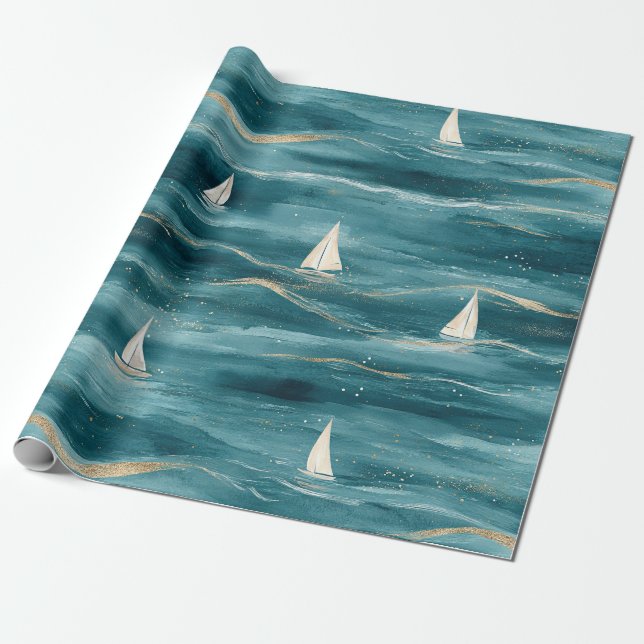 Papel De Presente Coastal Sailboat Waves Nautical Pattern (3) (Desenrolado)