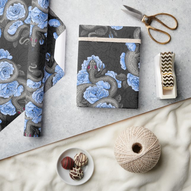 Papel De Presente Cobras e rosas azuis (Artesanato)