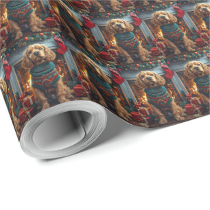 Papel De Presente Cocker Spaniel com Presentes de Natal na Lareira