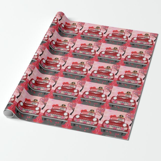 Papel De Presente Cocker Spaniel Dirigindo Carro com Corações do Dia (Desenrolado)