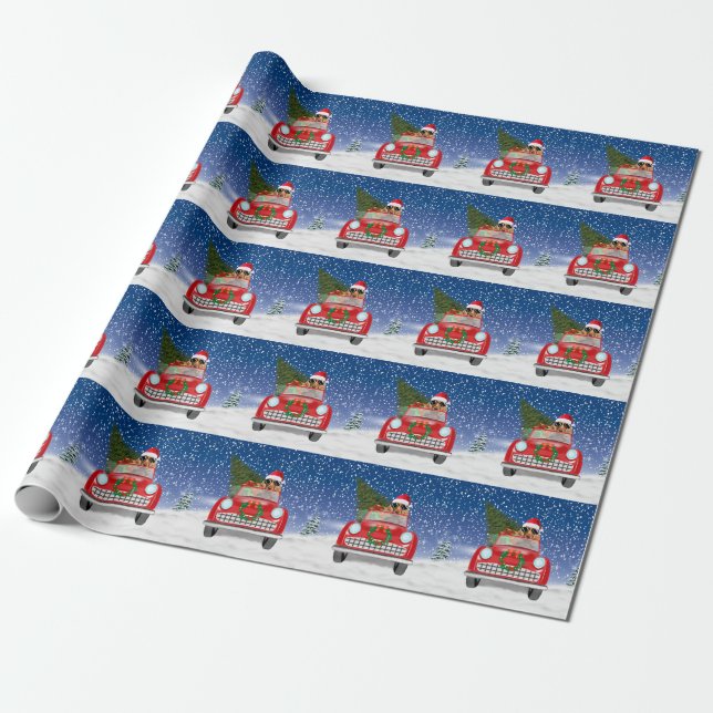 Papel De Presente Cocker Spaniel Dirigindo Carro na Neve Natal (Desenrolado)