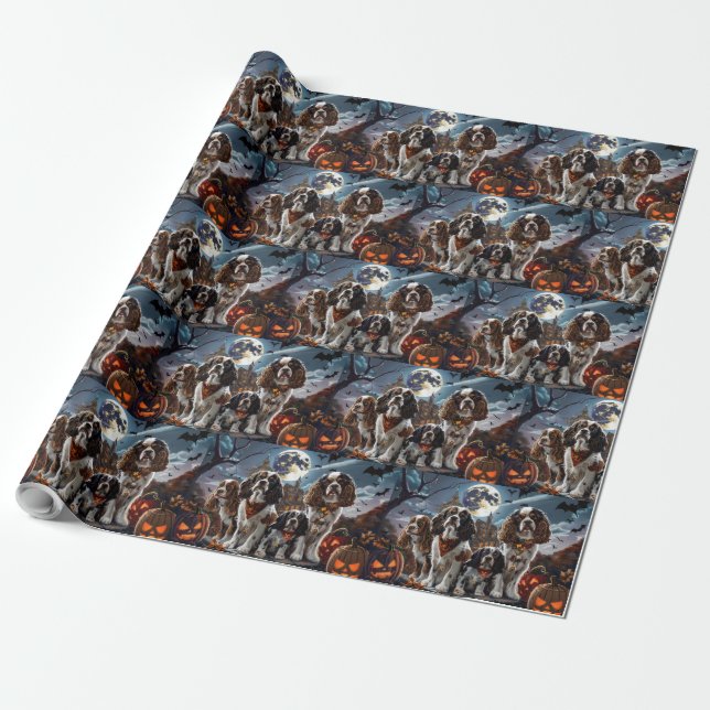 Papel De Presente Cocker Spaniel Halloween Assustador (Desenrolado)