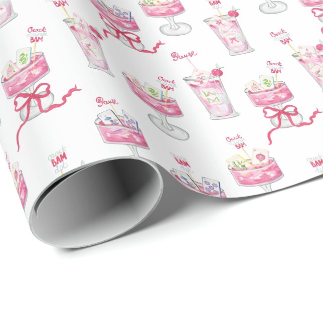 Papel De Presente Cocktails de Mahjong Rosa Água-forte (Ponta do rolo)