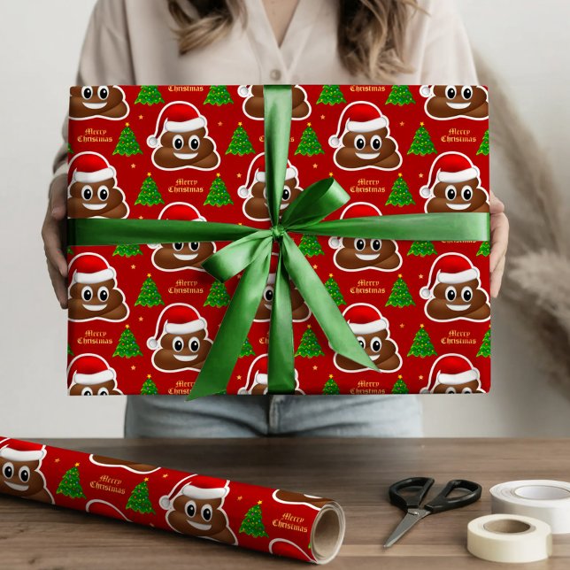 Papel De Presente cocô de natal emoji com chapéu de santa embrulhand (christmas poop emoji with santa hat wrapping paper)