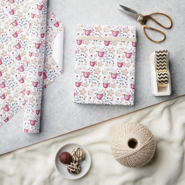 Papel De Presente Cocoa Quente De Natal E Biscoitos Aquarela (Artesanato)
