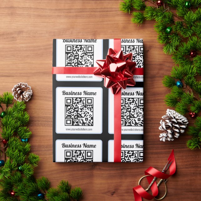 Papel De Presente Código QR e texto editáveis com borda azul clara (Presente de Natal)