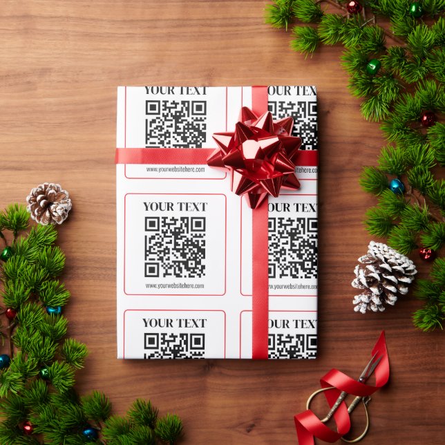 Papel De Presente Código QR simples preto e branco com borda vermelh (Presente de Natal)
