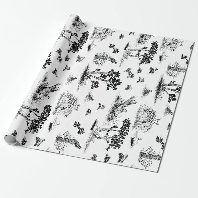 Papel De Presente Codornizes Toile De Jouy preto e branco (Desenrolado)