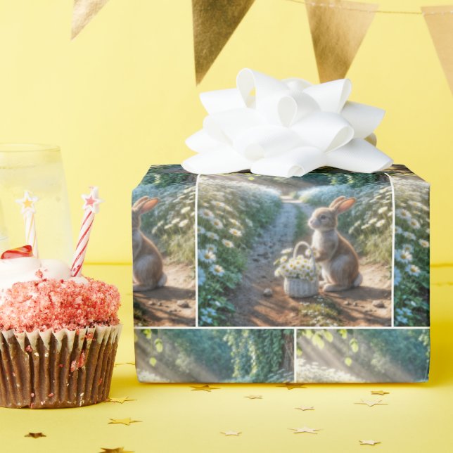Papel De Presente Coelhinho com uma cesta de margaridas brancas (Festa de aniversário)