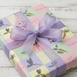 Papel De Presente Coelhinho da Páscoa Feliz e Quadrados de Cenoura