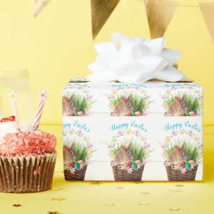 Papel De Presente Coelhinho Feliz de Páscoa na Cesta Férias