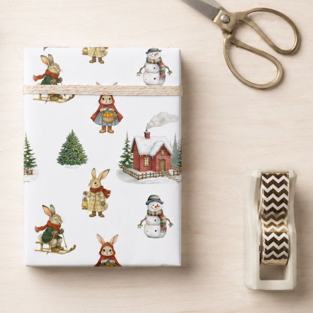 Papel De Presente Coelhinho Fofo da Árvore de Natal  (cute whimsical elegant vintage Christmas winter bunnies snowmen wrapping paper )