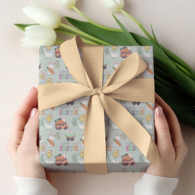 Papel De Presente Coelhinhos com Cenouras e Pequenas Páscoas (Criador carregado)