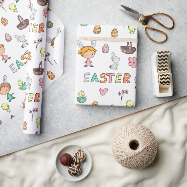 Papel De Presente Coelhinhos de Padrão Colorido Ovos Páscoa Infantil (Artesanato)