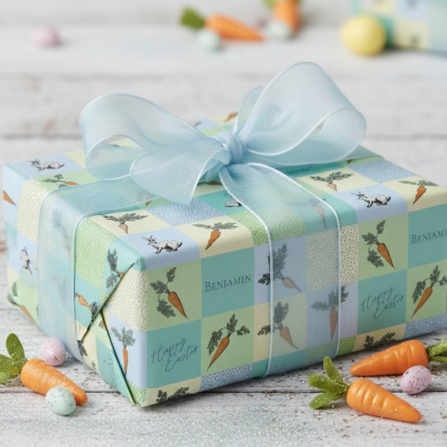 Papel De Presente Coelhinhos de Páscoa & Padrão de Cenouras (Colorful Happy Easter Wrapping Paper for Kids. Adorable Bunnies & Carrot Veggies Blue Pattern)