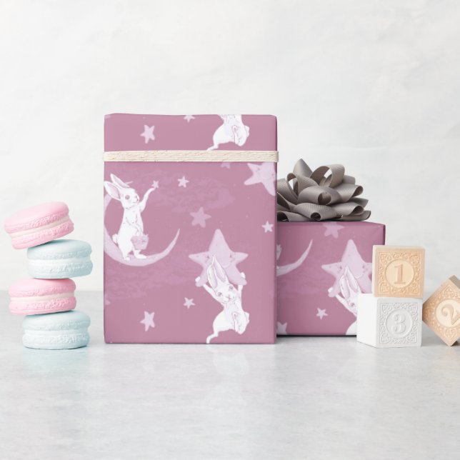 Papel De Presente Coelhinhos e Estrelas Bonitos a Rosa (Chá de bebê)