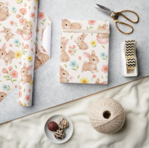 Papel De Presente Coelhinhos e Flores em Aquarela - Padrão Adorável