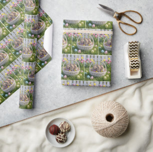 Papel De Presente Coelhinhos em uma Cesta de Páscoa na Grama