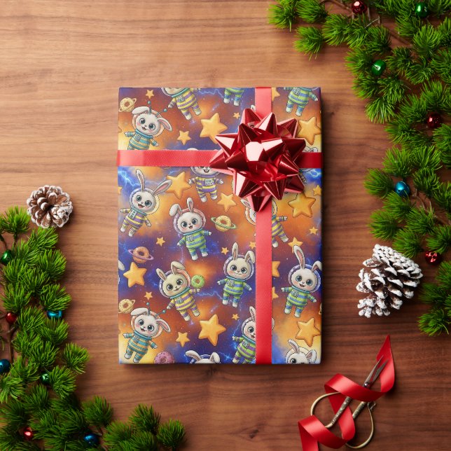 Papel De Presente Coelhinhos Kawaii Espaciais & Donuts Padrão Galáct (Presente de Natal)