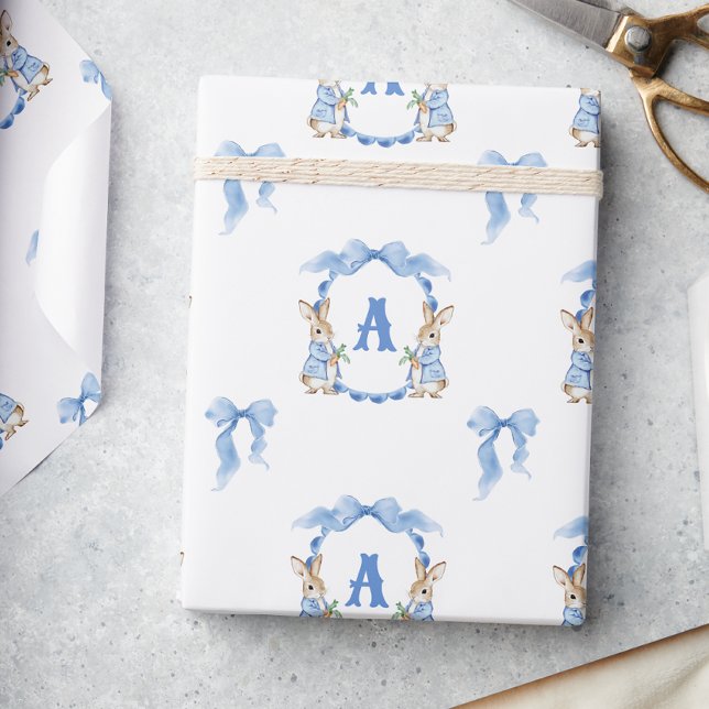 Papel De Presente Coelho Azul Gingham Monograma Crest (Criador carregado)