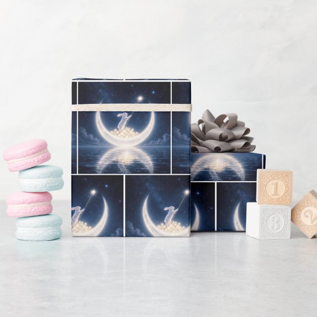 Papel De Presente Coelho Branco Coletando Estrelas (Chá de bebê)