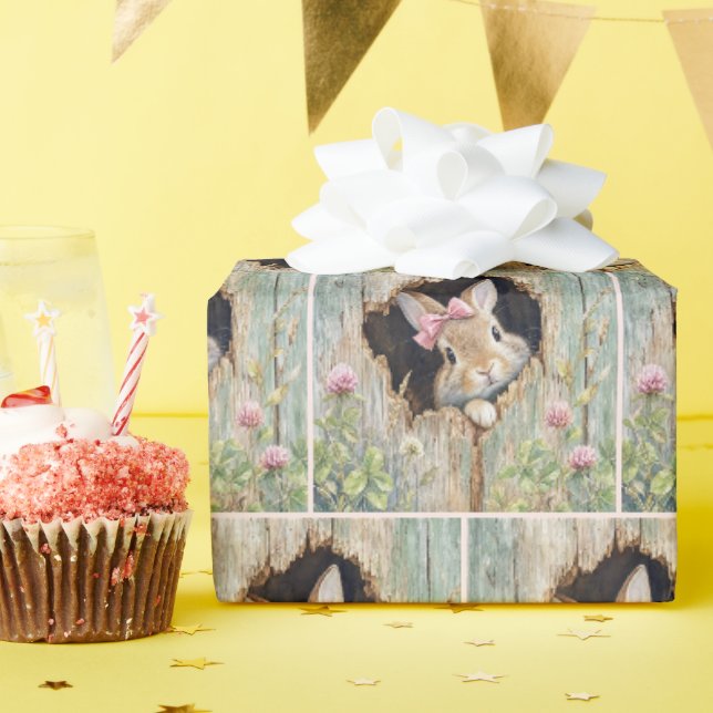 Papel De Presente Coelho com Laço Rosa Espiando pelo Buraco da Cerca (Festa de aniversário)