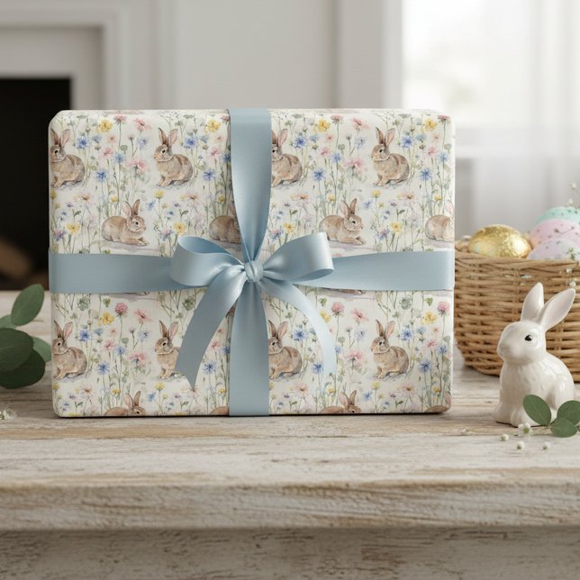 Papel De Presente Coelho da Páscoa Aquarela Floral Primavera (Criador carregado)