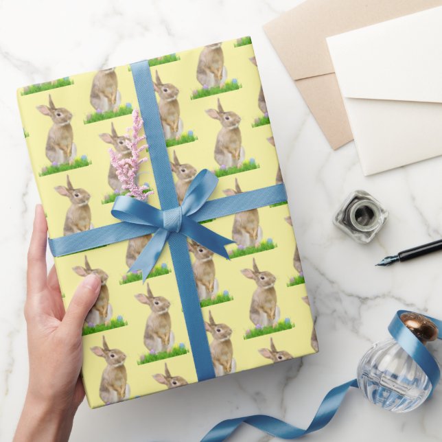 Papel De Presente Coelho da Páscoa e Ovos em Amarelo (Presentear)