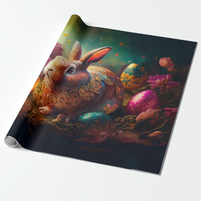 Papel De Presente Coelho da Páscoa feliz com ovos de Páscoa (Desenrolado)