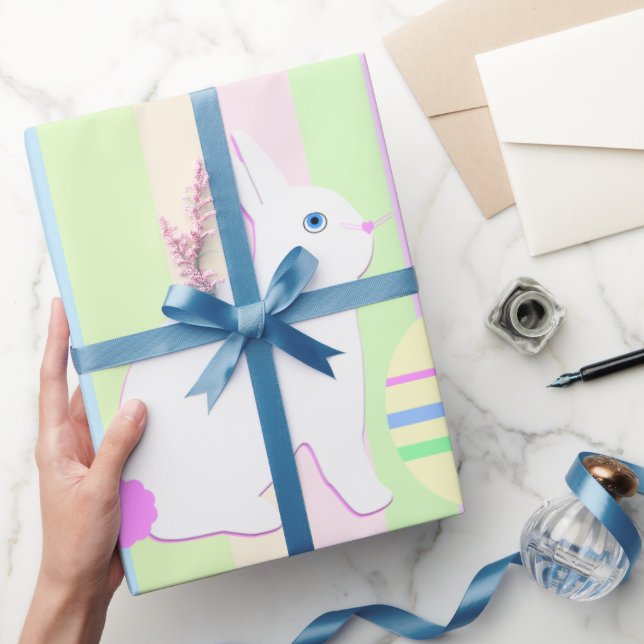 Papel De Presente Coelho da Páscoa Feliz e Ovos em Listras (Presentear)