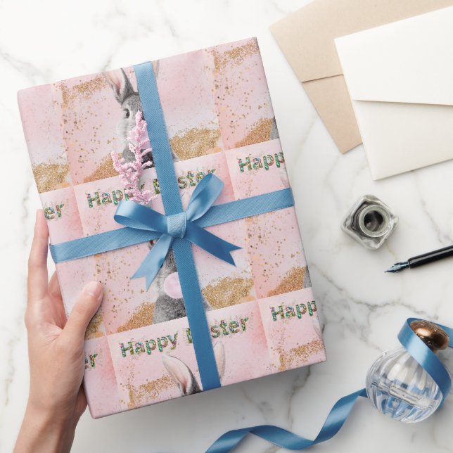 Papel De Presente Coelho da Páscoa Feliz soprando Chiclete Rosa (Presentear)