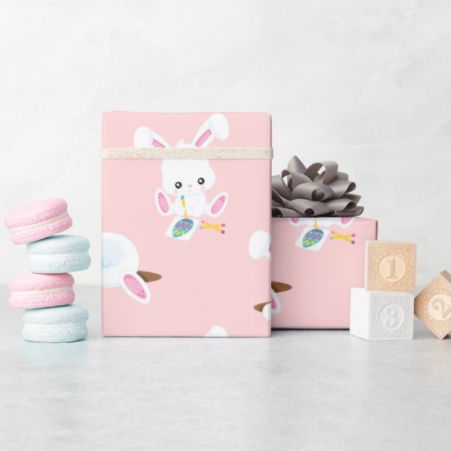 Papel De Presente Coelho da Páscoa Rosa Padrão Repetido (Chá de bebê)