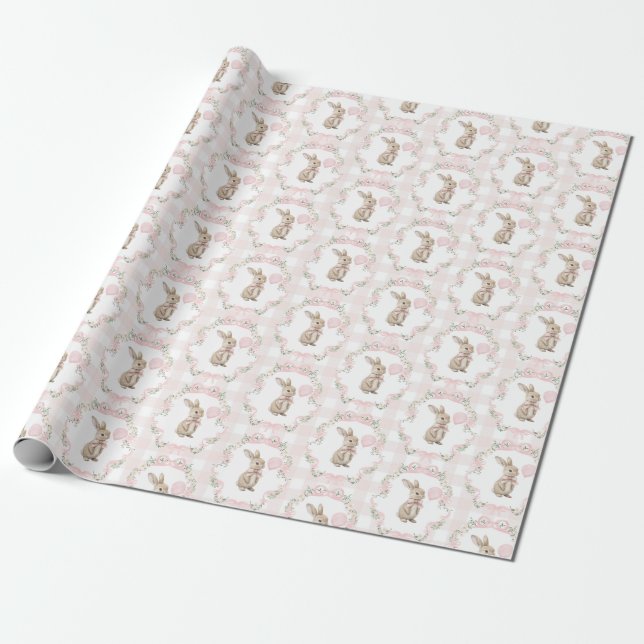 Papel De Presente Coelho de Laço Rosa Aniversário de Menina (Desenrolado)