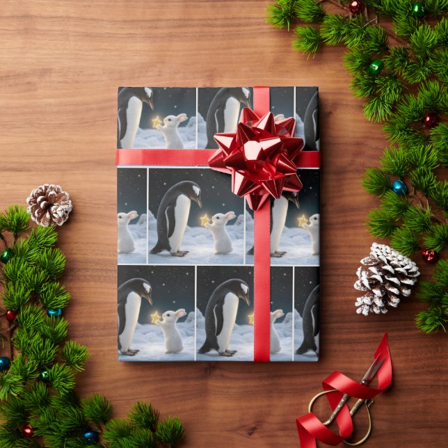 Papel De Presente Coelho de Natal e Pinguim com Estrela (Presente de Natal)