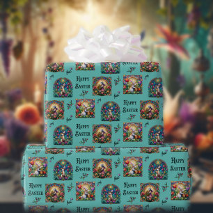Papel De Presente Coelho de Páscoa Azul Turquesa Elegante Vidro Pint