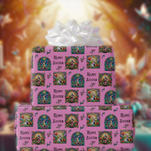 Papel De Presente Coelho de Páscoa Feliz Rosa Vidro Pintado Elegante