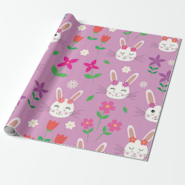 Papel De Presente Coelho de Páscoa fofo com flores rosa roxo laranja