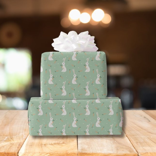 Papel De Presente Coelho de Páscoa fofo & padrão de cenoura em verde (Criador carregado)