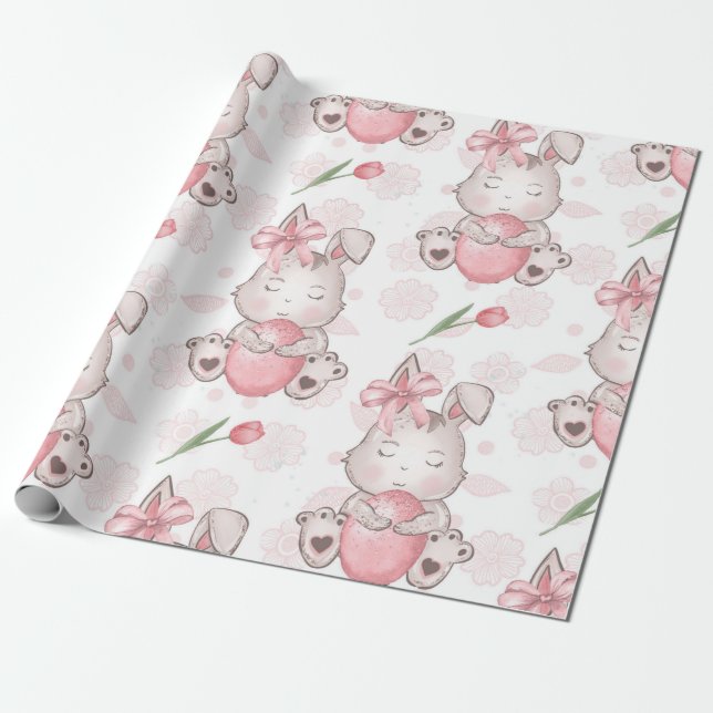 Papel De Presente Coelho de Páscoa Rosa Fofo (Desenrolado)