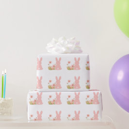 Papel De Presente Coelho de Páscoa Rosa Fofo com Flores da Primavera